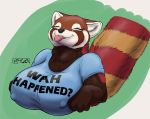  2018 anthro big_breasts breasts bust_portrait cheek_tuft clothing elbow_tufts eyes_closed female huan_houyao huge_breasts inner_ear_fluff kencougr mammal nipple_bulge portrait red_panda ringtail shirt simple_background smile solo text tongue tongue_out tuft 