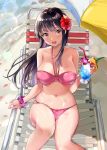  absurdres bangs bare_shoulders beach_chair beach_umbrella bikini black_hair breasts collarbone commentary_request drinking_straw eyebrows_visible_through_hair flower food fruit hair_flower hair_ornament halterneck hibiscus highres holding large_breasts lips long_hair looking_at_viewer maumen navel open_mouth petals pink_bikini purple_eyes shiny shiny_hair shiny_skin sitting smile solo swimsuit toranoana tropical_drink umbrella water 