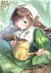  1girl blush brown_hair dress flower green_dress green_eyes head_scarf heterochromia highres holding holding_watering_can long_hair looking_at_viewer red_eyes rose rozen_maiden shima7_c smile solo suiseiseki watering_can 