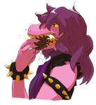  2018 athletic black_eyes bracelet breasts clothed clothing deltarune eating female galaxyspark hair hair_over_eye half-closed_eyes jewelry open_mouth purple_hair reptile scalie sharp_teeth simple_background small_breasts solo spiked_armlet spiked_bracelet spikes susie_(deltarune) teeth white_background yellow_sclera yellow_teeth 