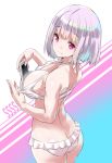  akaza ass bikini bikini_pull breasts butt_crack cellphone commentary_request cowboy_shot eyebrows_visible_through_hair in_swimsuit large_breasts lavender_hair multicolored multicolored_background phone red_eyes shinjou_akane short_hair smartphone smile solo ssss.gridman swimsuit white_bikini 