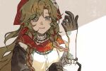  1girl bead_necklace beads blonde_hair blue_eyes braid brown_gloves brown_jacket flower gloves hair_flower hair_ornament hands_up head_scarf highres jacket jewelry long_hair looking_at_viewer mole mole_under_eye necklace official_art red_scarf reverse:1999 scales scarf shade shirt sleeve_pushed_up smile solo twin_braids upper_body vila_(reverse:1999) white_background white_shirt 