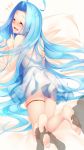  1boy 1girl ahoge ass bare_shoulders barefoot bed_sheet blue_hair blush chemise disembodied_limb eyebrows_visible_through_hair eyes_closed feet feet_up foot_licking foot_tickling from_behind full_body granblue_fantasy hand_up hetero highres laughing licking long_hair lying lyria_(granblue_fantasy) nose_blush notice_lines on_stomach open_mouth see-through shiny shiny_hair smile solo_focus tickling tongue tongue_out unosuke very_long_hair x-ray 