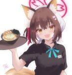  1girl :d animal_ear_fluff animal_ears black_shirt blue_archive bowl brown_eyes brown_hair extra_ears fang food fox_ears fox_girl fox_tail halo head_scarf highres izuna_(blue_archive) looking_at_viewer name_tag noodles open_mouth ramen s_sequentia serving shirt short_hair short_sleeves skin_fang smile tail tray white_head_scarf 