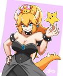  1girl artist_name bangs bare_shoulders black_collar black_dress black_nails blonde_hair blue_eyes bowsette bracelet breasts brooch cleavage collar collarbone crown dress earrings eyebrows_visible_through_hair fang fingernails grin hair_between_eyes hand_on_hip highres horns jewelry kumo_(kumo8159) large_breasts long_hair mario_(series) nail_polish new_super_mario_bros._u_deluxe nintendo pointy_ears ponytail sharp_fingernails smile solo spiked_armlet spiked_bracelet spiked_collar spikes star strapless strapless_dress super_crown tail thick_eyebrows turtle_shell v-shaped_eyebrows 