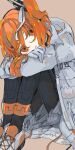  1girl a.i._voice adachi_rei black_hairband black_pantyhose brown_background drawstring ebi834 gloves grey_shorts hair_between_eyes hair_ribbon hairband jacket long_sleeves one_side_up open_clothes open_jacket open_mouth orange_eyes orange_hair pantyhose pantyhose_under_shorts radio_antenna ribbon shoelaces shoes short_hair shorts simple_background sitting smile solo utau white_gloves white_jacket white_ribbon 