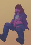  blush brown_hair clothed clothing deltarune dragon hair jeans male pants penis reptile scalie simple_background slightly_chubby susie_(deltarune) teeth torn_clothing torn_jeans torn_pants unknown_artist 