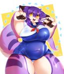  2018 clothing female fur hair looking_at_viewer missaka one-piece_swimsuit open_mouth purple_fur purple_hair slightly_chubby solo stripes swimsuit thick_thighs tsukiyo yellow_eyes 