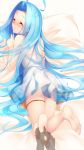  1girl ahoge ass bare_shoulders barefoot bed_sheet blue_hair blush chemise closed_mouth disembodied_limb embarrassed eyebrows_visible_through_hair eyes_closed feet feet_up female foot_tickling from_behind full_body granblue_fantasy hand_up highres long_hair lying lyria_(granblue_fantasy) nose_blush on_stomach peeing peeing_self puddle see-through shiny shiny_hair solo tickling trembling unosuke very_long_hair wavy_mouth x-ray 