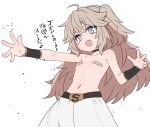  1girl ahoge bandaid bandaids_on_nipples blue_eyes breasts choker cosplay dragon_ball dragon_ball_z grey_hair kasukabe_tsumugi long_hair majin_buu majin_buu_(cosplay) navel open_mouth outstretched_arm pasties small_breasts solo sumiyao_(amam) topless translation_request voicevox 