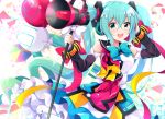  :d aqua_hair arm_up balloon bangs black_sailor_collar black_sleeves blue_bow blue_skirt blush bow commentary_request detached_sleeves eyebrows_visible_through_hair green_eyes hair_between_eyes hatsune_miku headphones holding long_hair long_sleeves looking_at_viewer maccha magical_mirai_(vocaloid) megaphone open_mouth sailor_collar shirt sidelocks skirt sleeveless sleeveless_shirt smile solo twintails upper_teeth very_long_hair vocaloid white_bow white_shirt yellow_bow 