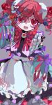  1girl :d apron black_dress blue_flower blue_rose blue_sleeves bow bowtie candy_hair_ornament detached_sleeves dot_nose dress drill_hair ebi834 eyeball fangs fingernails flower food-themed_hair_ornament grey_background hair_between_eyes hair_flower hair_ornament kasane_teto looking_at_viewer maid_apron nail_polish open_mouth purple_flower purple_nails purple_rose red_bow red_bowtie red_eyes red_flower red_hair red_rose rose simple_background sleeve_ribbon sleeves_past_wrists smile solo twin_drills utau v-shaped_eyebrows white_apron 