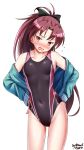  artist_name black_ribbon black_swimsuit blue_jacket blush collarbone commentary_request competition_swimsuit cowboy_shot dated eyebrows_visible_through_hair flat_chest flying_sweatdrops hair_between_eyes hands_on_hips highres jacket long_hair long_sleeves looking_at_viewer mahou_shoujo_madoka_magica one-piece_swimsuit open_mouth ponytail red_hair ribbon sakura_kyouko simple_background solo standing swimsuit swimsuit_under_clothes tsuchimiya white_background yellow_eyes 