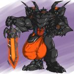  anthro armor balls big_balls bulge clothed clothing dragon flaccid huge_balls humanoid_penis hyper hyper_balls hyper_penis looking_at_viewer male melee_weapon muscular muscular_male penis penis_outline rhinoking smile solo standing sword underwear vein weapon 