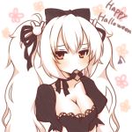  azur_lane bangs black_bow black_choker black_dress black_ribbon blush bow breasts bunny_hair_ornament checkerboard_cookie choker cleavage collarbone cookie dress eyebrows_visible_through_hair food food_in_mouth hair_between_eyes hair_bow hair_ornament hair_ribbon happy_halloween laffey_(azur_lane) long_hair medium_breasts mouth_hold puffy_short_sleeves puffy_sleeves ribbon sakurato_ototo_shizuku short_sleeves simple_background solo squiggle twintails upper_body very_long_hair white_background white_hair 