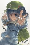  backpack bag blue_eyes blue_hair bubble eyebrows_visible_through_hair green_hat hair_bobbles hair_ornament hat highres kawashiro_nitori key long_sleeves looking_at_viewer monosenbei parted_lips short_hair short_twintails solo touhou twintails upper_body 