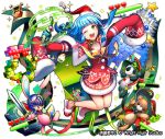  ;d blue_hair bow_(weapon) cellphone company_name green_eyes green_hat hat heart helmet key looking_at_viewer official_art one_eye_closed open_mouth ornament phone red_hat santa_hat shoumetsu_toshi_2 slippers smile stuffed_animal stuffed_bunny stuffed_toy sweater sword teddy_bear tenryou_sena treasure_chest very_long_sleeves weapon white_background yellow_legwear 