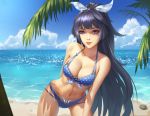  alternate_costume aojiao_pinru arm_behind_back bangs bare_shoulders beach bikini blue_bikini blue_sky blush breasts cleavage cloud collarbone commentary_request day front-tie_bikini front-tie_top groin hair_ribbon honkai_impact large_breasts leaning_forward long_hair looking_at_viewer navel ocean outdoors palm_tree parted_lips polka_dot polka_dot_bikini purple_eyes purple_hair raiden_mei ribbon sand sidelocks skindentation sky smile solo stomach swimsuit tree very_long_hair 