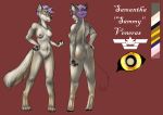  2018 absurd_res anthro breasts butt canine digital_media_(artwork) english_text fan_character female fur hair halcy0n hi_res looking_at_viewer mammal model_sheet nipples nude pink_hair pussy sammy_veneras_(character) short_hair simple_background smile solo standing text wolf 