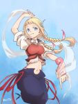  1girl blonde_hair blue_eyes braid breasts closed_mouth final_fantasy final_fantasy_xii final_fantasy_xii_revenant_wings long_hair looking_at_viewer midriff navel penelo sia0926 smile solo twin_braids twitter_username vest 