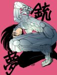  1girl alita battle_angel_alita black_hair bodysuit breasts brown_eyes cyberpunk cyborg facial_mark ichi_orgin lips looking_at_viewer mechanical_arms medium_breasts science_fiction short_hair simple_background skin_tight solo 