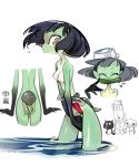  amiami black_hair breasts cucumber eyes_closed green_skin kappa monster_girl musical_note nipples original partially_submerged short_hair tail topless water 