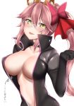  1girl animal_ears blush bow breasts cleavage directional_arrow eyebrows_visible_through_hair fate/grand_order fate_(series) fox_ears glasses hair_bow kitajima_yuuki koyanskaya large_breasts long_hair looking_at_viewer navel no_bra open_clothes pink_hair ponytail sideboob simple_background smile solo standing tied_hair tongue tongue_out translation_request unzipped white_background 