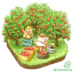  apple_tree apron artist_name basket bear bird black_eyes blue_ribbon blush bow bowtie brown_hat crate food fruit grass hat hat_ribbon isometric looking_at_another looking_away no_humans orchard original penguin red_bow red_neckwear ribbon st.kuma standing stepladder sun_hat tree twitter_username yellow_hat 