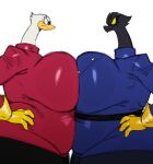 anatid anseriform anserinae anthro avian beak big_breasts big_butt bird blue_clothing blue_topwear bottomwear breast_squish breasts breasts_frottage butt clothed clothing dress_shirt duo female female/female fondue_(sssonic2) gloves handwear hi_res huge_breasts non-mammal_breasts pants raclette_(sssonic2) red_clothing red_topwear shirt squish sssonic2 swan tight_clothing topwear white_eyes yellow_beak yellow_clothing yellow_eyes yellow_gloves yellow_handwear