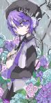  1girl beret black_hat black_skirt blue_flower closed_mouth clothes_writing dot_mouth ebi834 fingernails flower grey_sky hair_between_eyes hat holding holding_umbrella hydrangea long_sleeves miniskirt nail_polish necktie outdoors over_shoulder overcast pink_flower pleated_skirt purple_eyes purple_flower purple_hair purple_nails purple_necktie rain robot_ears short_hair skirt sky solo transparent transparent_umbrella umbrella umbrella_over_shoulder utane_uta utau 