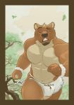  bear border bulge clothed clothing cloud day digital_media_(artwork) facial_hair front_view goatee jogging leaf leaves male mammal muscular nipples outside portrait running sky solo three-quarter_portrait topless torn_clothing tree unknown_artist wardrobe_malfunction 