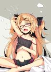  akatsuki_yuni arm_up bangs bare_arms bare_legs bare_shoulders barefoot bed_sheet black_camisole black_panties black_shorts blonde_hair blush camisole collarbone crossed_ankles eyebrows_visible_through_hair fang glasses hair_ornament hairclip half-closed_eye highres long_hair navel ogami_kazuki one_eye_closed open_clothes open_fly open_shorts panties parted_bangs red_eyes short_shorts shorts sitting solo strap_slip two_side_up underwear uni_channel very_long_hair virtual_youtuber waking_up yawning 