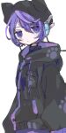 1girl animal_ear_headwear beret black_hat black_jacket breast_pocket closed_mouth dot_nose drawstring ebi834 frown hair_between_eyes hat jacket long_sleeves paw_print paw_print_pattern pocket purple_eyes purple_hair robot_ears short_hair simple_background solo turtleneck utane_uta utau white_background 