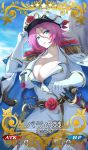  4zz adjusting_clothes adjusting_hat anchor blue_eyes breasts collarbone commentary_request craft_essence fate/extra fate/grand_order fate_(series) flower francis_drake_(fate) gloves hat large_breasts lips long_hair looking_at_viewer military military_uniform pink_hair rose sheath sheathed skindentation solo sword thick_thighs thighs thorns uniform weapon white_gloves 