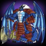  anthro armor axe clothing cybernetics cyborg dragon facial_piercing glowing glowing_eyes hair horn loincloth machine male melee_weapon muscular muscular_male nose_piercing piercing rhinoking septum_piercing solo standing weapon wings 