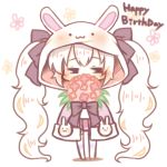  animal_ears animal_hood azur_lane bangs blush bouquet bow brown_eyes bunny_ears bunny_hood chibi covered_mouth eyebrows_visible_through_hair flower hair_between_eyes hair_bow half-closed_eyes happy_birthday heart hood hood_up jacket laffey_(azur_lane) long_hair looking_at_viewer no_shoes pink_jacket pleated_skirt purple_bow red_flower red_skirt sakurato_ototo_shizuku shadow sidelocks skirt solo standing thighhighs twintails very_long_hair white_background white_hair white_legwear 