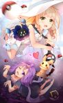  ;d acerola_(pokemon) bag bangs barefoot black_dress blonde_hair blurry blurry_foreground blush braid collared_dress cosmog depth_of_field dress duffel_bag eyebrows_visible_through_hair gen_7_pokemon green_eyes hands_up hat heart highres lillie_(pokemon) long_hair looking_at_viewer mimikyu multiple_girls nahaki one_eye_closed open_mouth poke_ball poke_ball_(generic) poke_ball_theme pokemon pokemon_(creature) pokemon_(game) pokemon_sm purple_eyes purple_hair side_braids sleeveless sleeveless_dress smile soles sun_hat twin_braids very_long_hair white_dress white_hat 