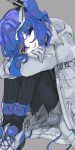  1girl a.i._voice adachi_rei alternate_eye_color alternate_hair_color black_hairband black_pantyhose blue_eyes blue_hair drawstring ebi834 empty_eyes gloves grey_background grey_shorts hair_between_eyes hair_ribbon hairband jacket long_sleeves one_side_up open_clothes open_jacket open_mouth pantyhose pantyhose_under_shorts radio_antenna ribbon shoelaces shoes short_hair shorts simple_background sitting smile solo utau white_gloves white_jacket white_ribbon 