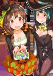  :d bangs black_gloves blush bow braid breasts brown_hair cape cleavage collar commentary couch cowboy_shot crossover dot_nose elbow_gloves embarrassed eyebrows_visible_through_hair frilled_skirt frills gem gloves green_hair hair_ornament hair_over_shoulder halloween halloween_basket hat idolmaster idolmaster_(classic) idolmaster_cinderella_girls indoors jack-o'-lantern jack-o'-lantern_hair_ornament jacket leotard long_sleeves looking_at_viewer mini_hat mole mole_under_mouth multiple_girls night nose_blush open_mouth orange_skirt otonashi_kotori pantyhose party red_eyes senkawa_chihiro side_braid skirt smile thighhighs window wing_collar witch witch_hat yanngoto 