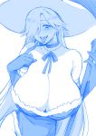  angelo_(gomahangetsu) bare_shoulders blue borrowed_character breasts choker cleavage collarbone dress elbow_gloves fangs gloves highres huge_breasts long_hair looking_at_viewer lucretia_(doctor_masube) monochrome original simple_background smile solo tongue very_long_hair white_background 