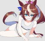  1girl acaa animal_ears bare_shoulders blue_bow blue_eyes blush bow breasts brown_hair collarbone feet_out_of_frame hair_between_eyes hair_ornament long_hair multicolored_hair pink_bow ponytail small_breasts smile solo sports_bra sportswear streaked_hair tail thighhighs tokai_teio_(umamusume) umamusume 