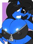 2018 anthro big_breasts breasts brown_eyes cleavage clothed clothing equine fan_character female fingerless_gloves gloves horn klodette kloudmutt lipstick makeup mammal my_little_pony nipple_bulge smile unicorn v_sign 