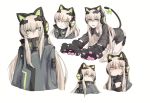  absurdres alma01 animal_ears blonde_hair blush bow cat_ear_headphones cat_ears cat_paws frown girls_frontline gloves green_eyes hair_between_eyes headphones highres jacket long_hair looking_at_viewer multiple_views paw_gloves paws saliva tail tail_bow tears tmp_(girls_frontline) very_long_hair 