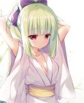  arms_behind_head arms_up blush bow breasts cariboy closed_mouth commentary_request green_hair hair_bow high_ponytail japanese_clothes kimono long_hair looking_at_viewer murasame_(senren) obi ponytail purple_bow red_eyes sash senren_banka short_sleeves sidelocks small_breasts solo upper_body very_long_hair white_background white_kimono wide_sleeves 