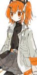  1girl :| a.i._voice adachi_rei belt black_hairband black_pantyhose black_shirt closed_mouth dot_nose drawstring ebi834 hair_between_eyes hair_ribbon hairband headlamp jacket long_sleeves one_side_up open_clothes open_jacket orange_belt orange_eyes orange_hair pantyhose radio_antenna ribbon shirt short_hair simple_background sitting solo turtleneck turtleneck_shirt utau white_background white_jacket white_ribbon 