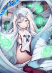  akkijin blue_eyes blue_ribbon breasts card_(medium) curtains hair_ribbon hitodama indoors japanese_clothes lamp looking_at_viewer official_art ribbon sandals shinkai_no_valkyrie shy silver_hair sitting small_breasts soles solo thighhighs wrapped 