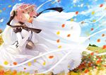  black_ribbon blue_eyes blue_sky bridal_veil day detached_sleeves dress fate/apocrypha fate_(series) field flower flower_field frankenstein's_monster_(fate) gloves hair_flower hair_ornament head_wreath heterochromia holding holding_flower horn long_dress long_sleeves looking_up orange_flower outdoors parted_lips petals ribbon rose sky sleeveless sleeveless_dress solo veil wedding_dress white_dress white_flower white_gloves white_rose white_sleeves yashiro_seika yellow_eyes 
