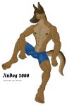  2000 bulge canine clothed clothing dog german_shepherd halex male mammal nudog pencil_(artwork) penis_outline shorts solo topless traditional_media_(artwork) 