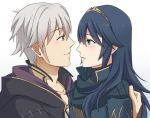  1girl blue_eyes blue_hair blush brown_hairband collarbone couple eye_contact eyes fire_emblem fire_emblem:_kakusei from_side hairband long_hair looking_at_another looking_at_viewer lucina male_my_unit_(fire_emblem:_kakusei) mejiro my_unit_(fire_emblem:_kakusei) parted_lips silver_hair simple_background smile upper_body white_background 
