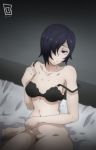  1girl bed black_bra black_hair bra breasts cleavage female hair_over_one_eye keihh kirishima_touka looking_at_viewer navel short_hair solo tokyo_ghoul underwear 